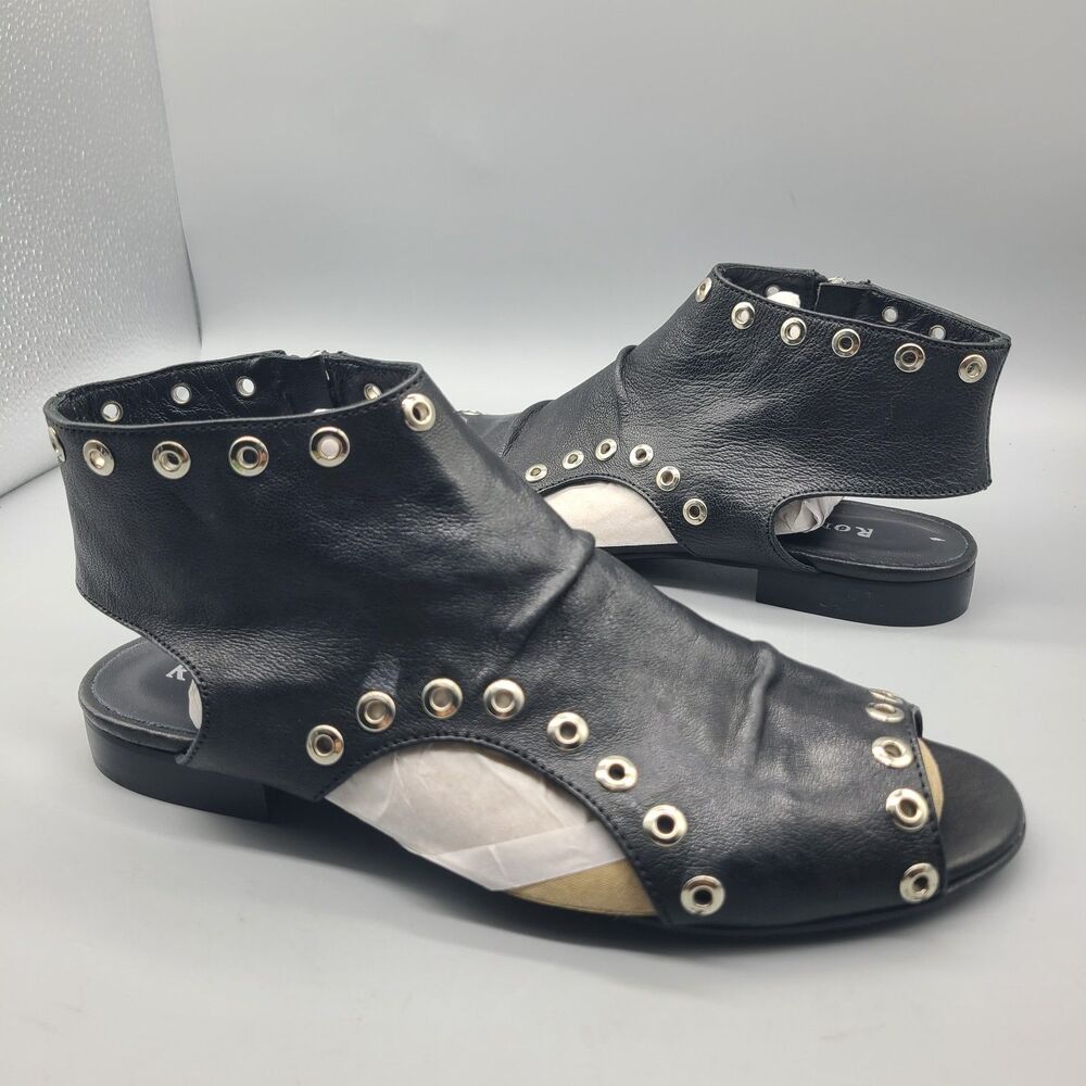 Ron White Astra Black Leather Silver Grommet Italy Gladiator Sandals 8.5/ 39 New